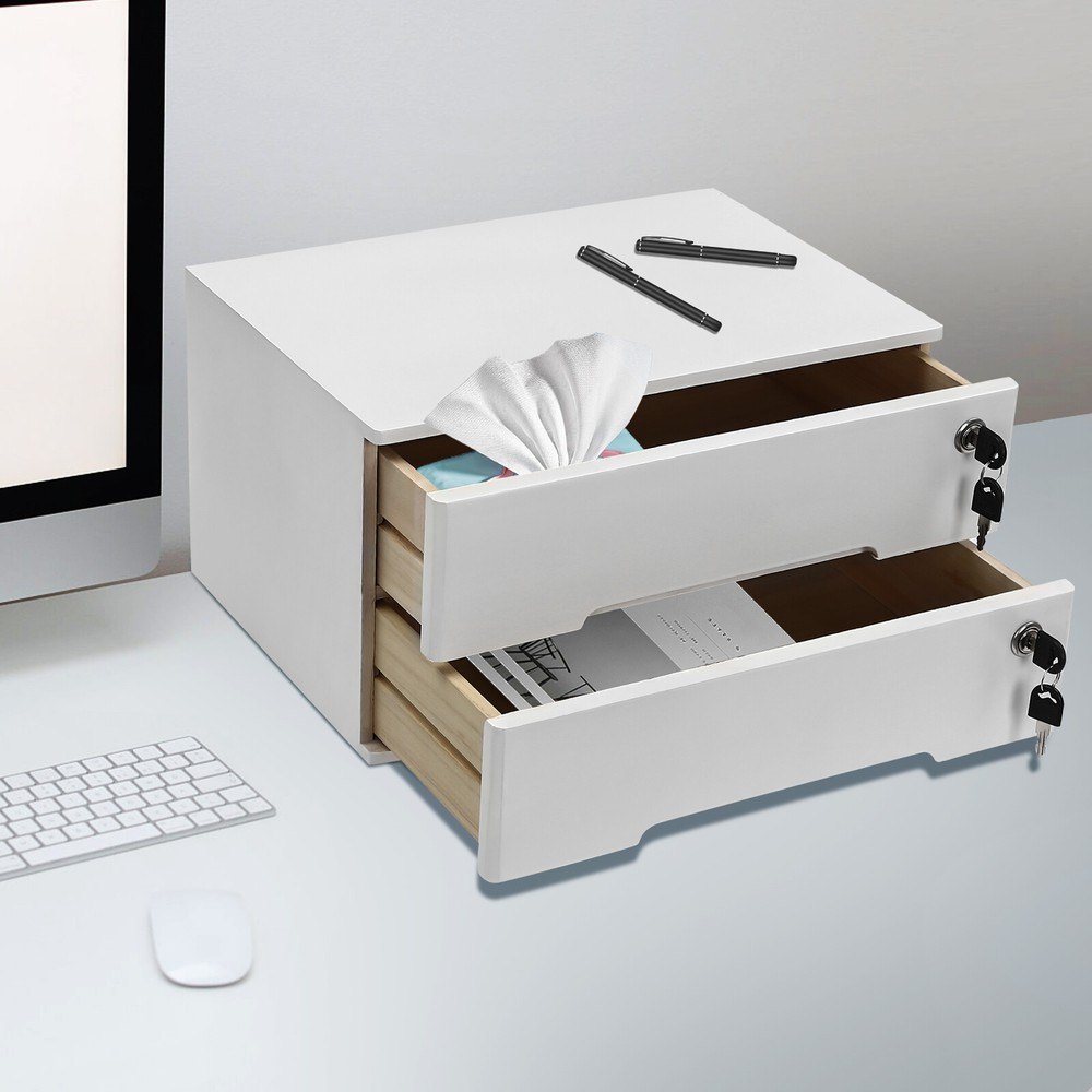 Compact Lockable 2-Drawer Wood Desktop Storage Cabinet with Keys