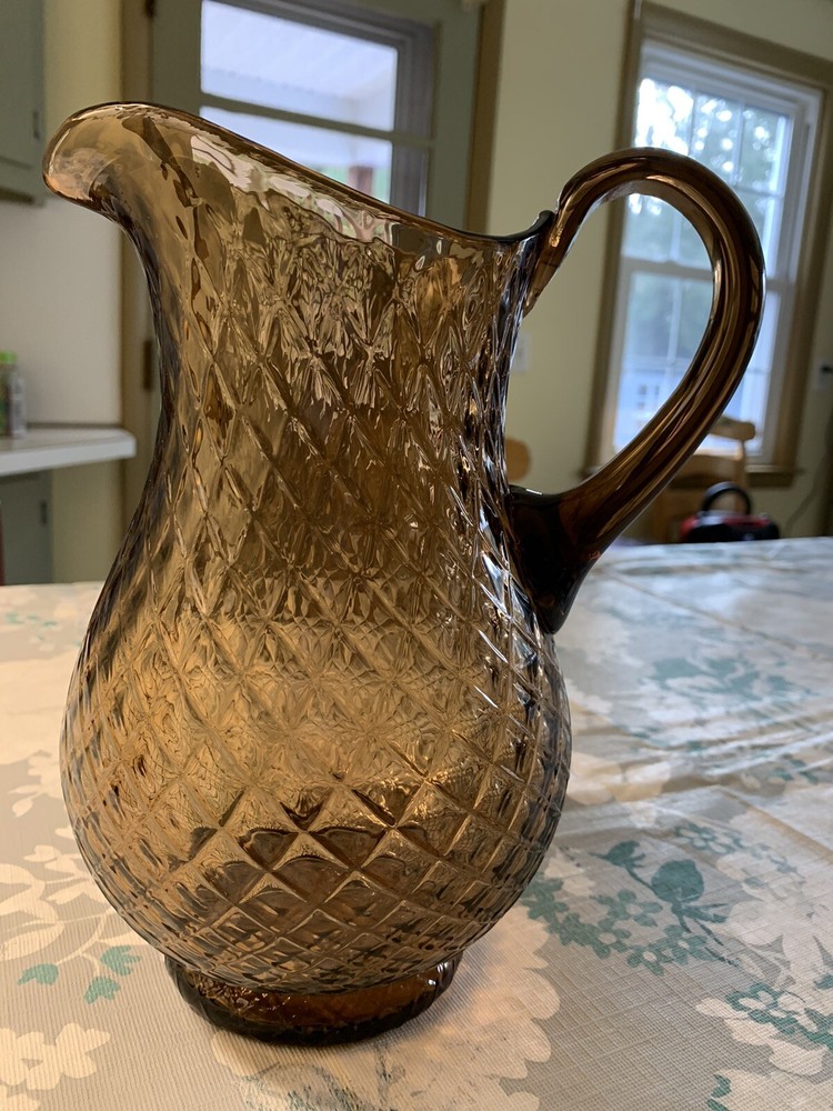Vintage Brown Glass 9 1/2" tall Diamond Pattern Pitcher - Very Nice!