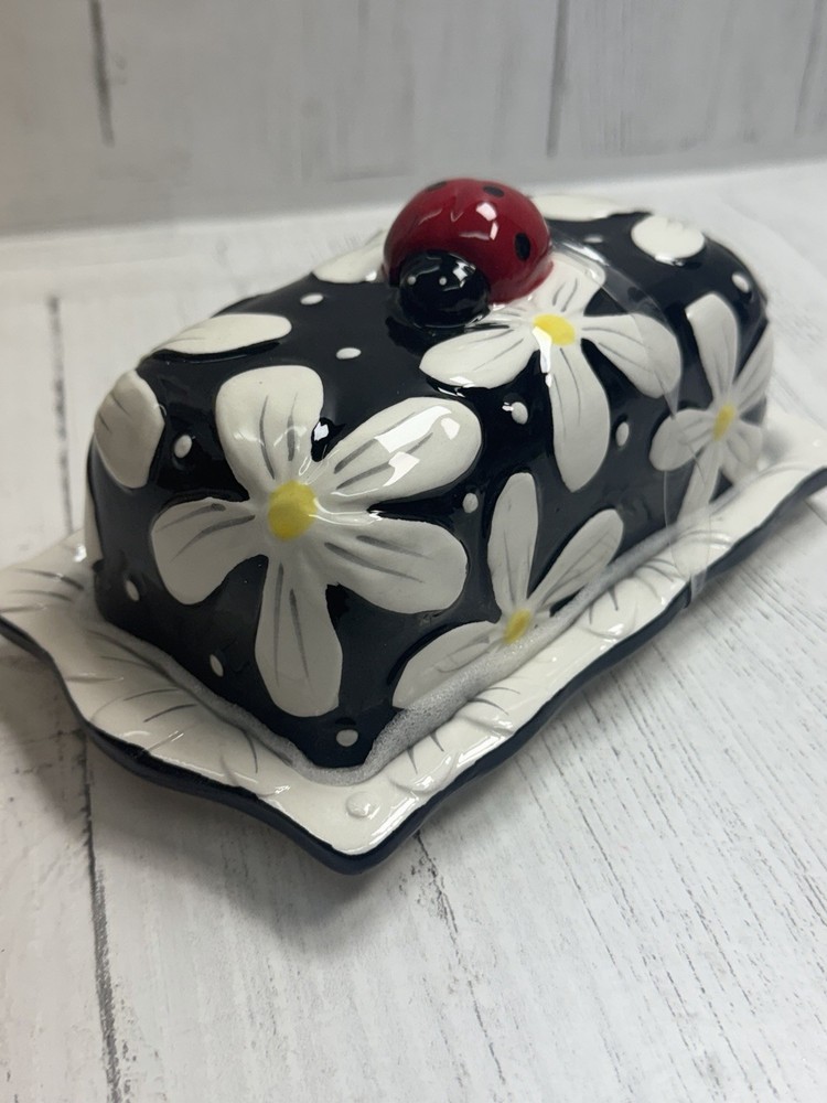 Black White Daisy Butter Dish Ceramic Ladybug Farmhouse Kitchen