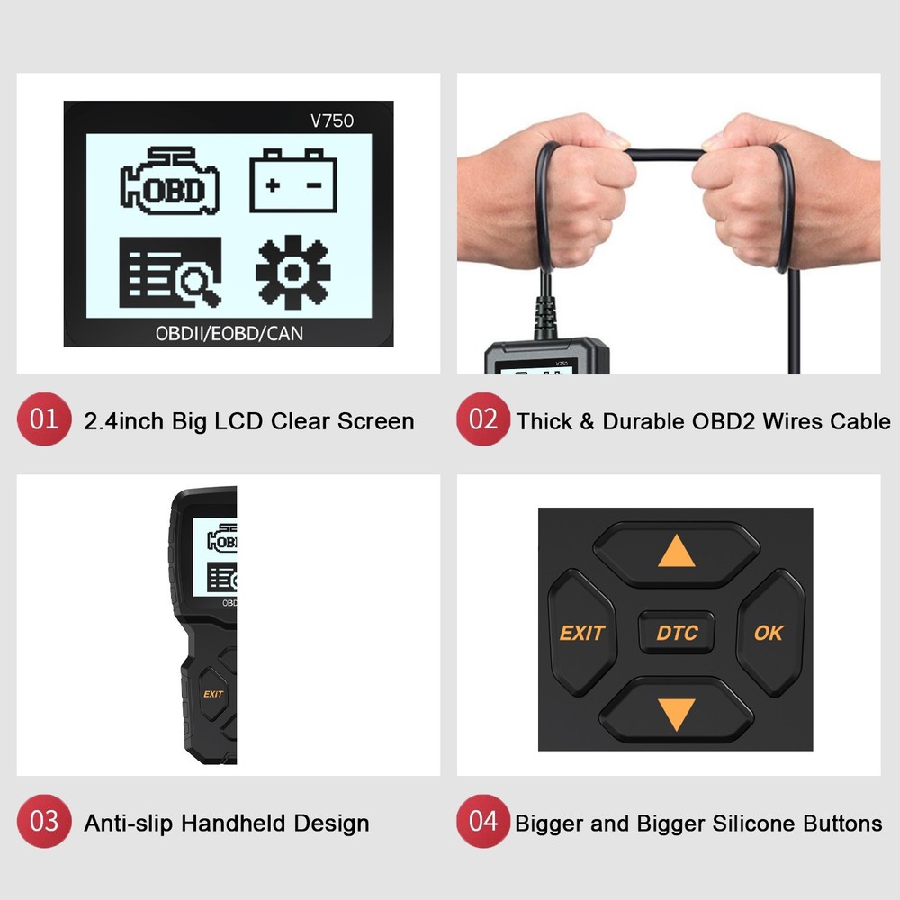 iKiKin V750 OBD2 Code Reader OBD Scanner Engine Diagnostic Tool for 12V Car