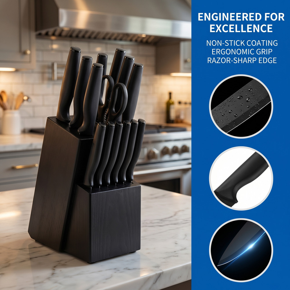 16 Pieces Professional Black Coding Kitchen Knife Block Set with Non-slip Handle