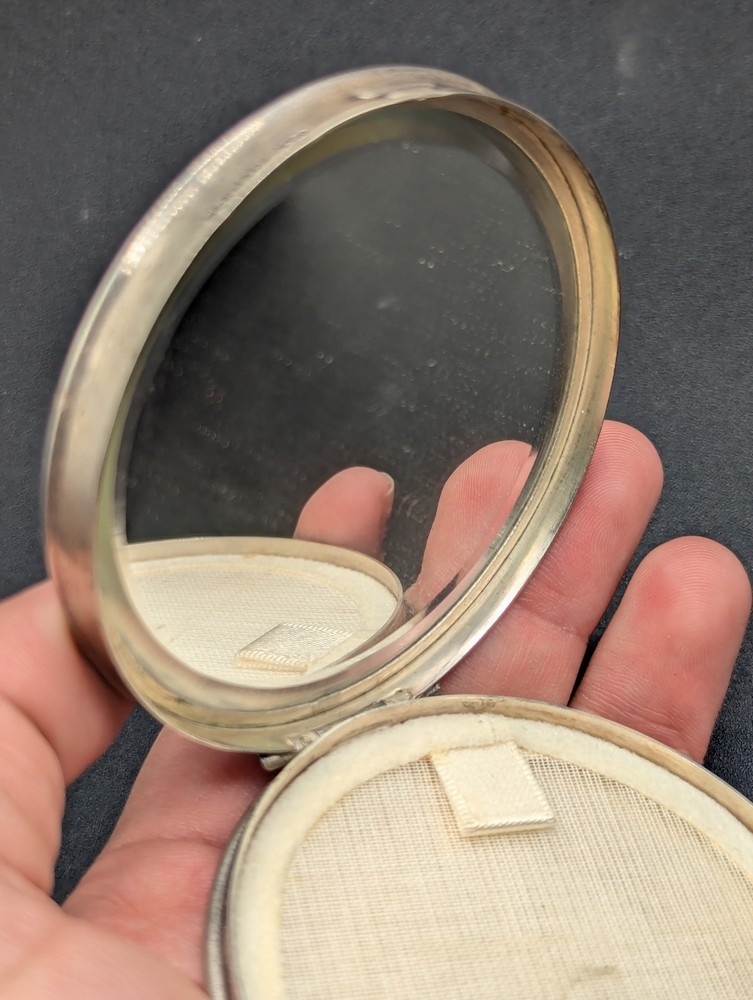 Vtg Hans Jensen Denmark Silverplate Empty Powder Mirror Compact Repoussé Scene