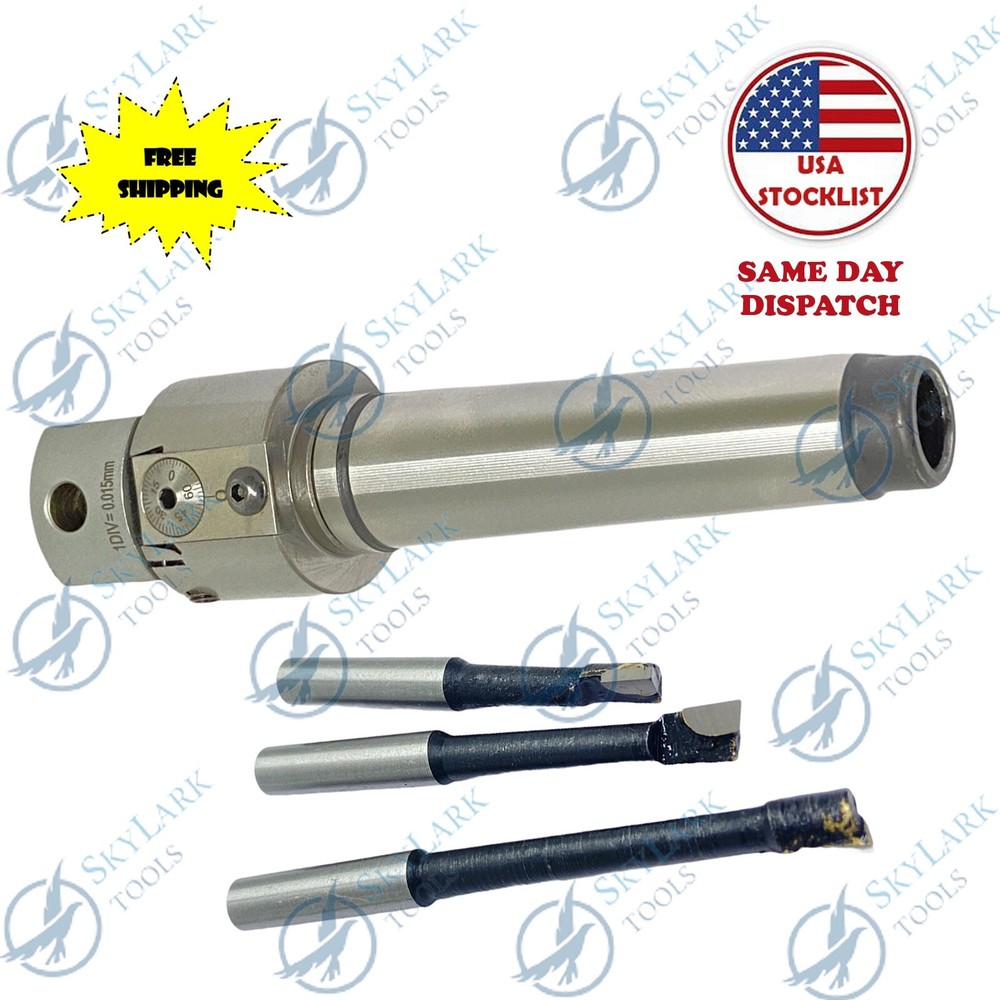1.5'' ADJUSTABLE BORING HEAD WITH MT3 Shank & Carbide Boring Bars 3pcs