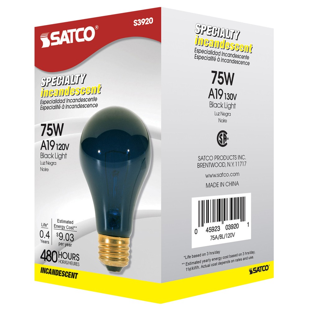 BLACK LIGHT 75 Watt 120V Standard Household Light Bulb A19 Medium E26 Base 75A19