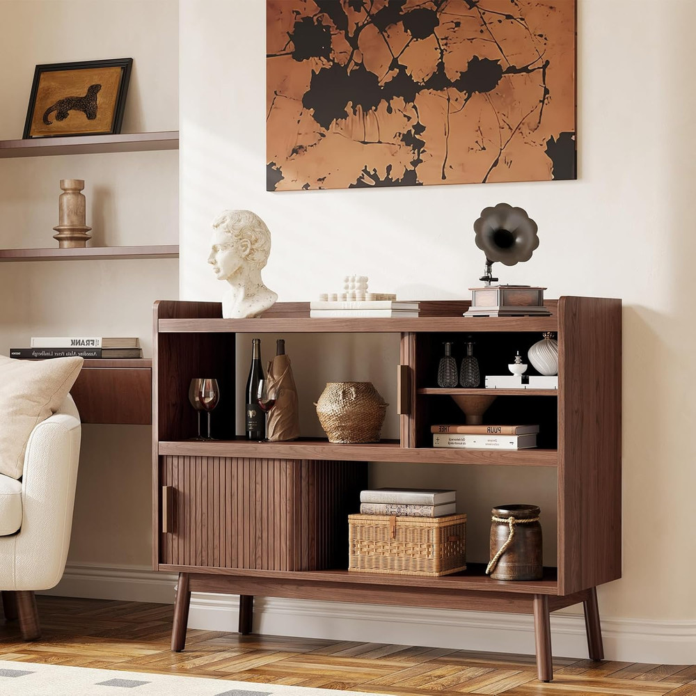 44" Sideboard Buffet Cabinet with Outlet & 2 Open Storage Spaces, Fluted Sideboa