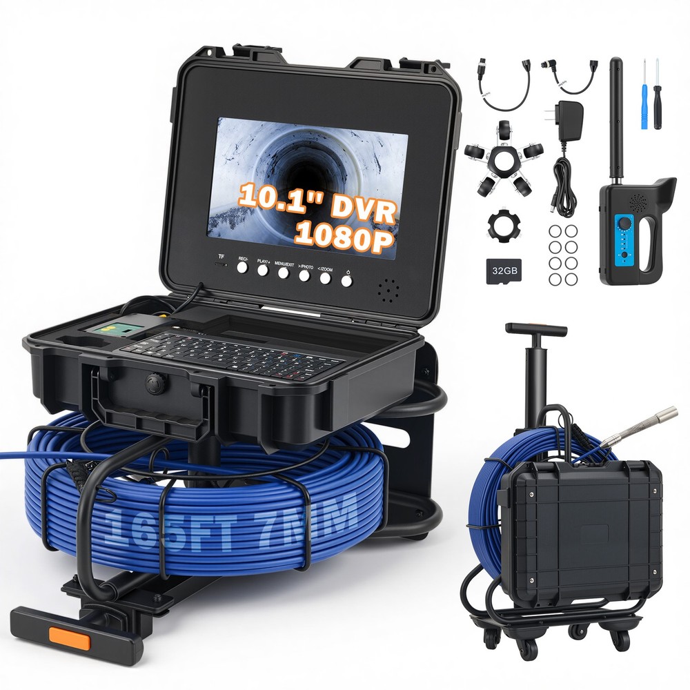 10 in. Self-Leveling Sewer Camera w 165 ft/50 m Cable Wheels Handle Locator IP68