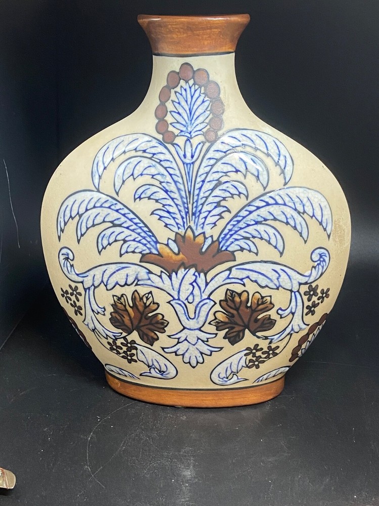 Stoneware Pottery Bud Vase, Cream Colored Base w/ Blue & Brown Floral Pattern