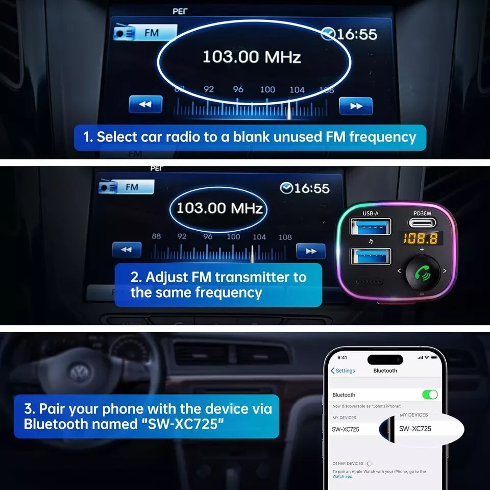 Syncwire Bluetooth 5.3 FM Transmitter Car Adapter 48W(PD 36W & 12W)[Light Switch