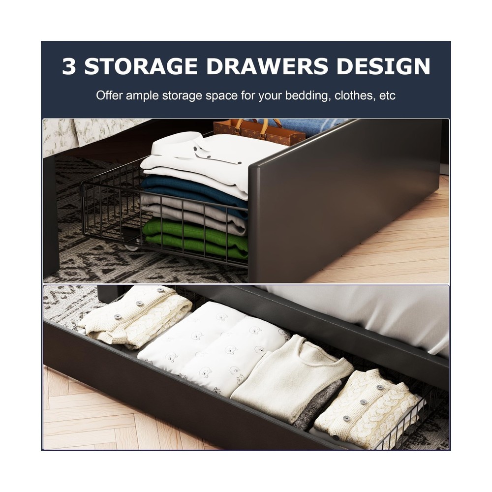 VECELO Queen Size Bed Frame with 3 Storage Drawers, Leather Upholstered with ...