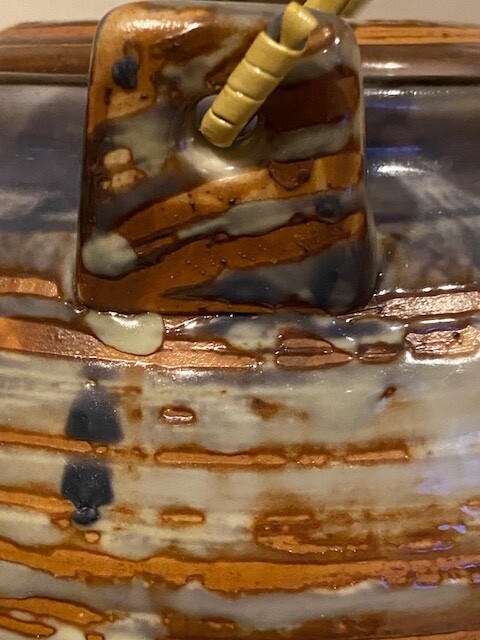 Studio Art Pottery Ceramic Textured Glazed Teapot w/Bamboo Handle Awesome EUC