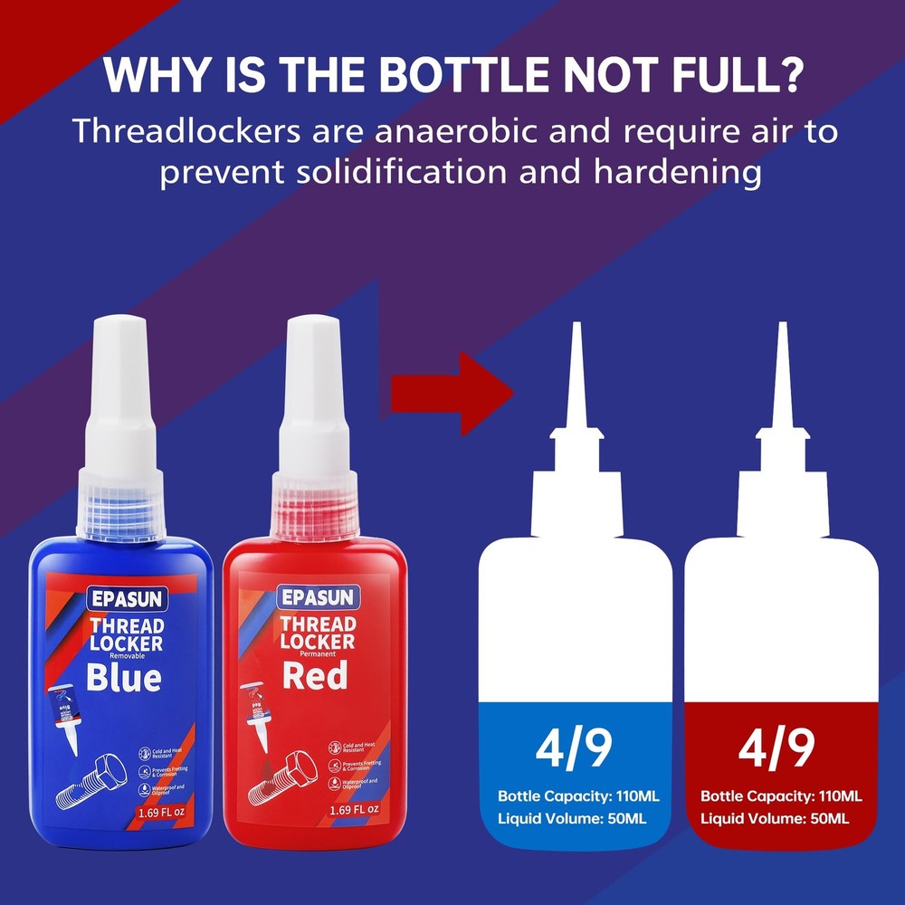Threadlocker Blue and Red, 50mlx2 Thread Lock Medium and Strong Strength Lock...