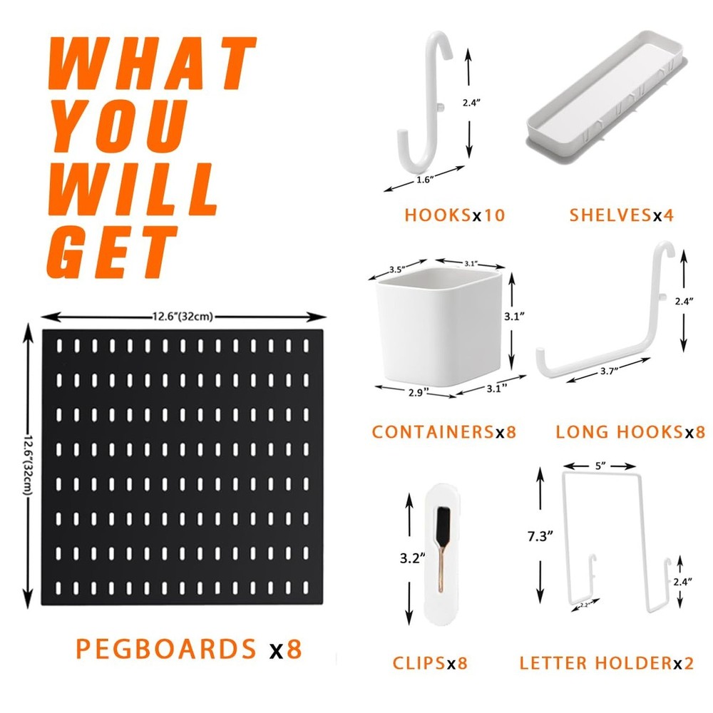 Peg Board Combination Kit, 8 Pegboards with 40 Accessories, Pegboard Wall Org...