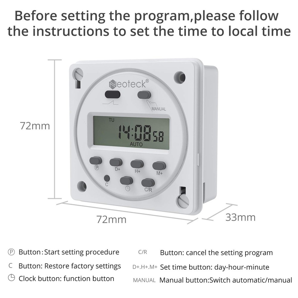 Neoteck DC 12V/16A Digital Timer Switch 7 Day Time Relay Programmable White