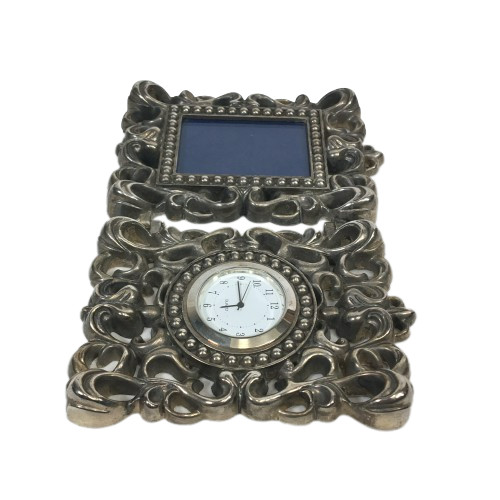 Silver-Plated Picture Frame & Clock Desk Top Beautiful Ornate Scroll Work Design