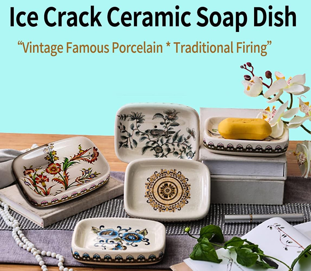 Ceramic Soap Dish Creative Ice Crack Ceramic Peacock and Flower Pattern Soap Dis