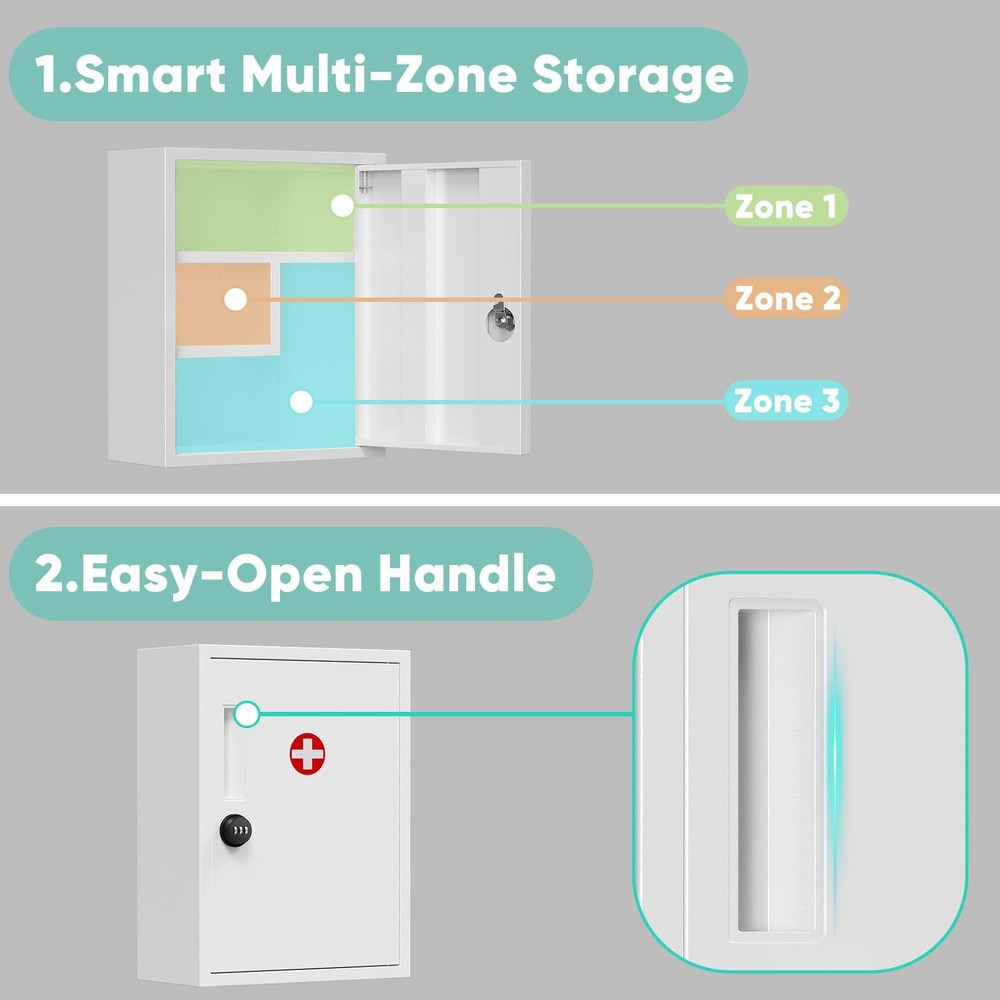 Locking Medicine Cabinet - Metal Storage Box with Keyless Digit Lock, Wall-Mount