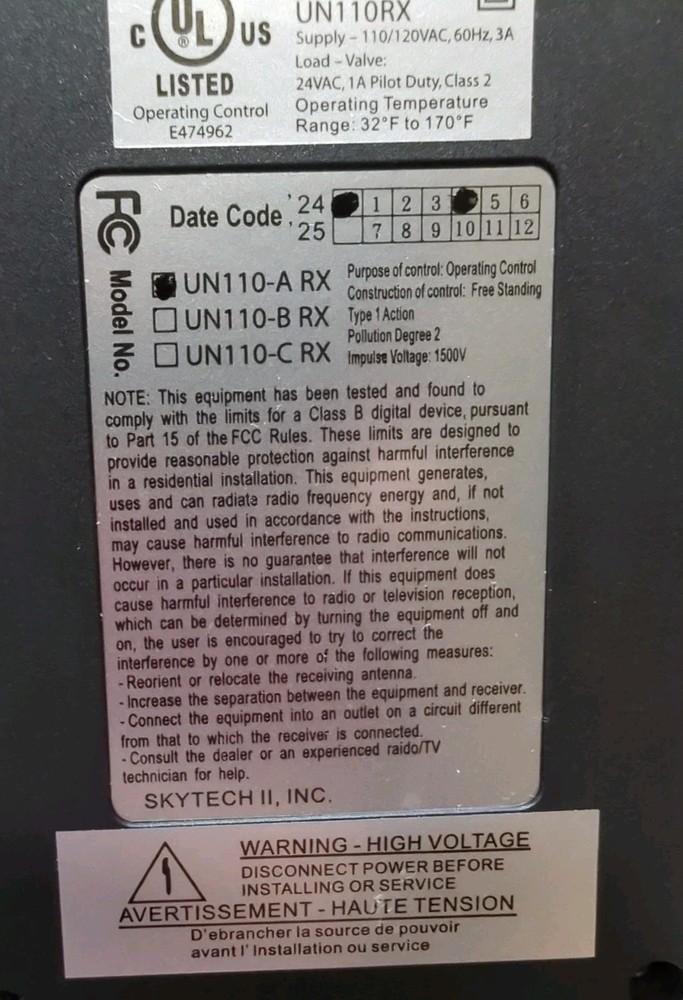 Skytech 1420-A On/Off Fireplace Remote Control Kit 110V