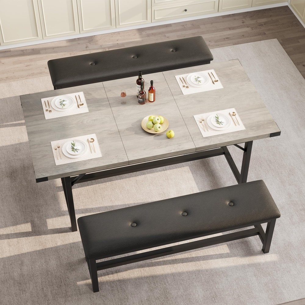3PC Extendable Dinner Table Home Dining Table Set ,Kitchen Table and 2 Benches