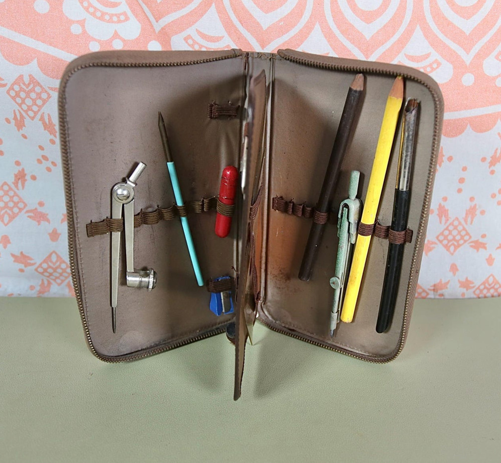 Vintage Drawing Set In Brown Case