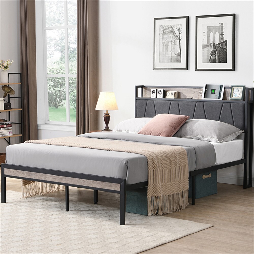 Queen Size Bed Frame w/ Upholstered Headboard Metal Platform Bed w/ USB Port