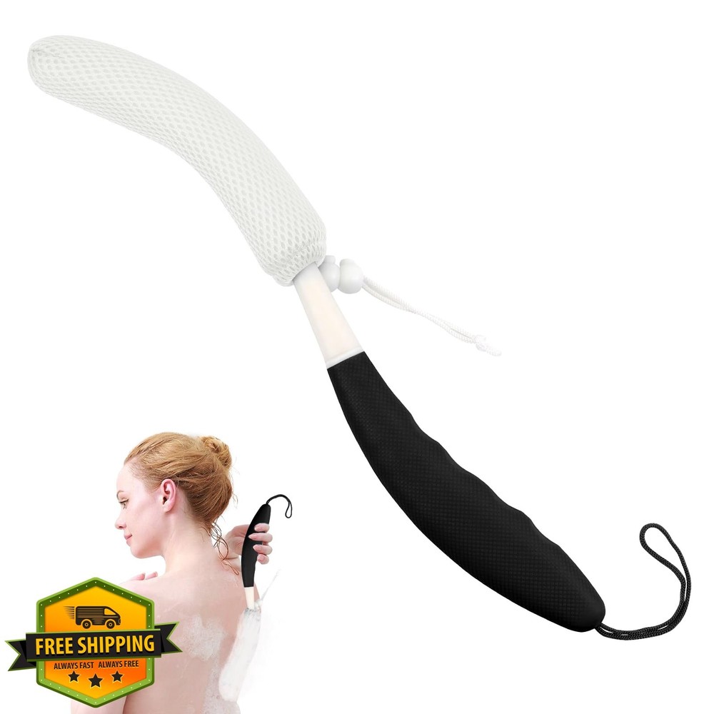 Shower Body Brush, Curved Back Scrub, Long Handle, Black-White