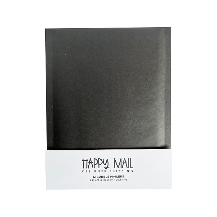 Happy Mail 6" x 9" Self-Sealing Bubble Mailer, Black, Dozen Pack