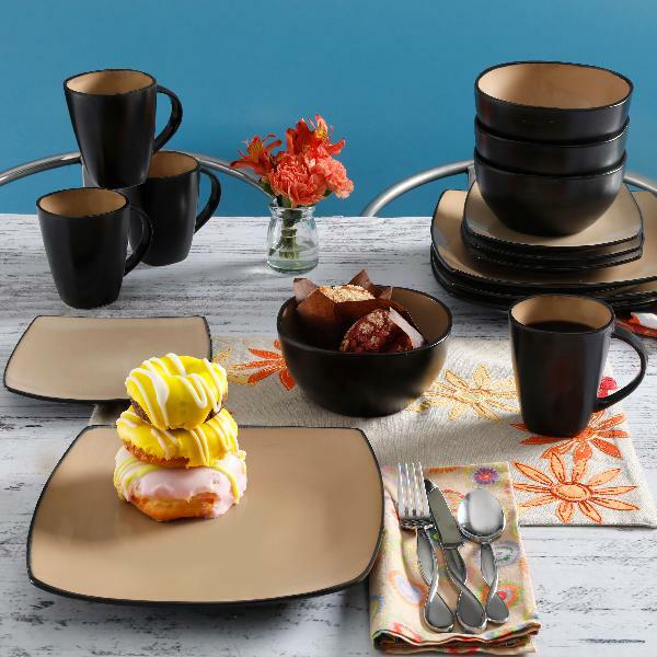 16-PCS DINNERWARE SET Plates Bowls Mugs Dishes Stoneware Square Dinner Kitchen!