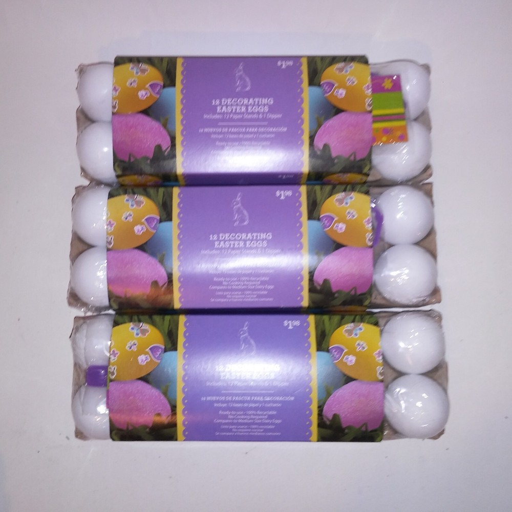 Set of 36 Easter Eggs Solid White for Decorating Includes Paper Stands & Dipper