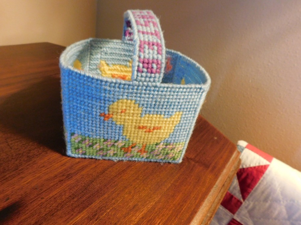 Handmade Easter Basket Needlepoint on Plastic Canvas Chicks