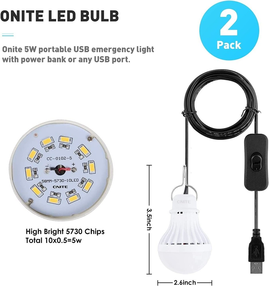 2-Pack Onite USB LED Light Bulb, Emergency Backup Lighting for 2-Pack, White