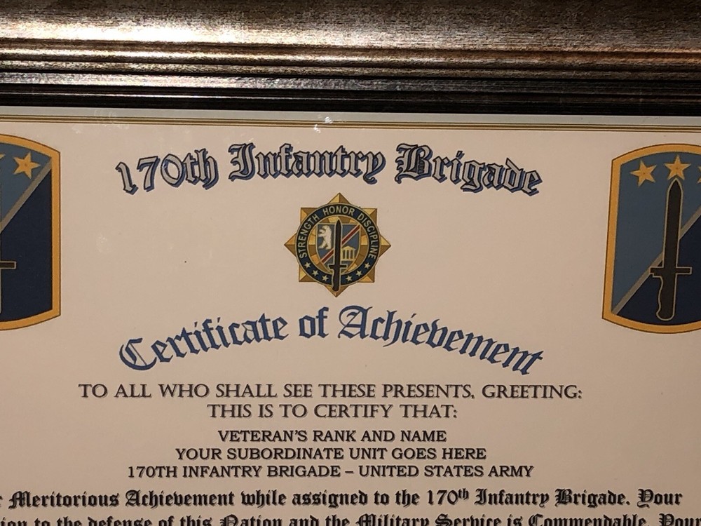 170TH INFANTRY BRIGADE - COA / (COMMEMORATIVE CERTIFICATE)