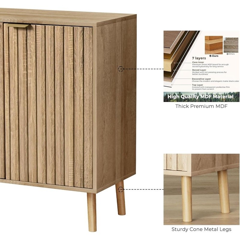 Fluted Storage Cabinet Adjustable Shelves Multifunctional Buffet Sideboard Home