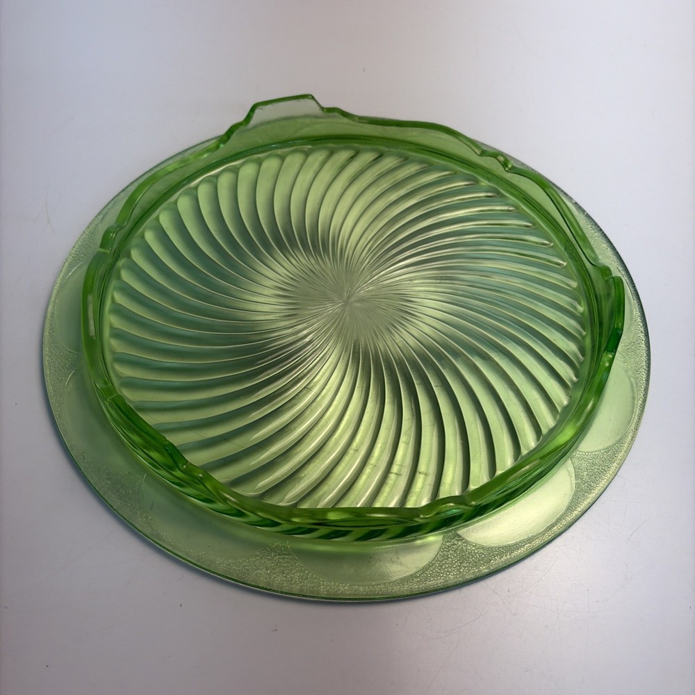 Vintage Uranium Glass Footed Cake Stand Swirl Pattern