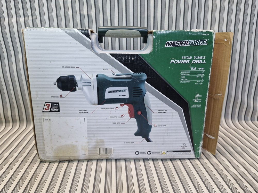 Masterforce 5.8 Amp 3/8" Variable Speed Reversible Power Drill w/ Case NOB