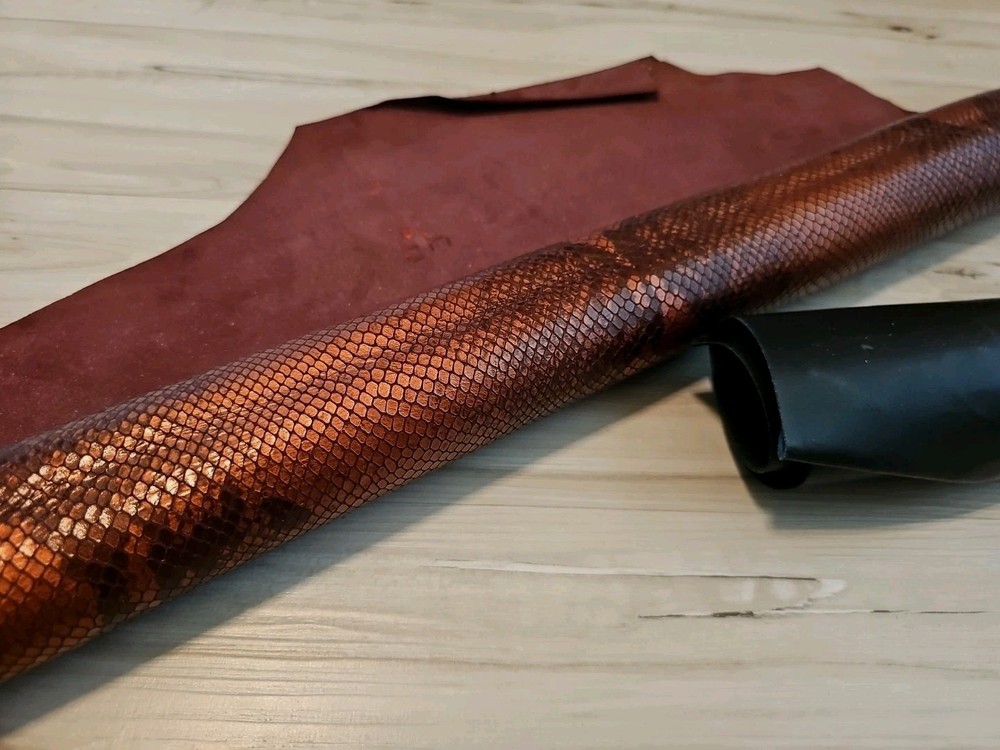 RUST COPPER BROWN SNAKESKIN PRINT SHEEPSKIN LAMBSKIN LEATHER HIDE PANEL,SHEET
