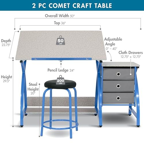 SD STUDIO DESIGNS CRAFT TABLE | ANGLE ADJUSTABLE TOP, STOOL - BLUE/GRAY