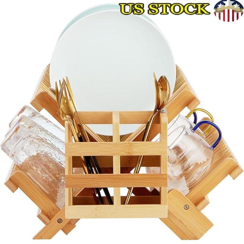 Natural Bamboo Dish Drying Rack Collapsible Utensil Holder Kitchen Organizer New