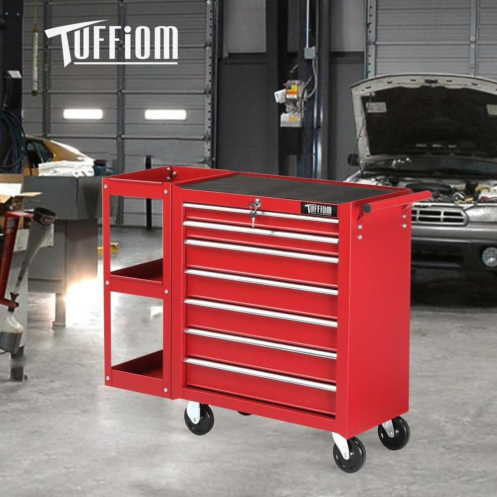 7-Drawer Rolling Tool Chest Tool Box with Lock & Key & Side Shelves for Workshop