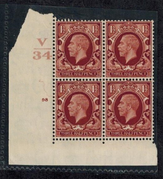 KG V 1934 Large Format Control Block V/34 #98 No Dot Perf 2(1/E) MNH VF CVL60