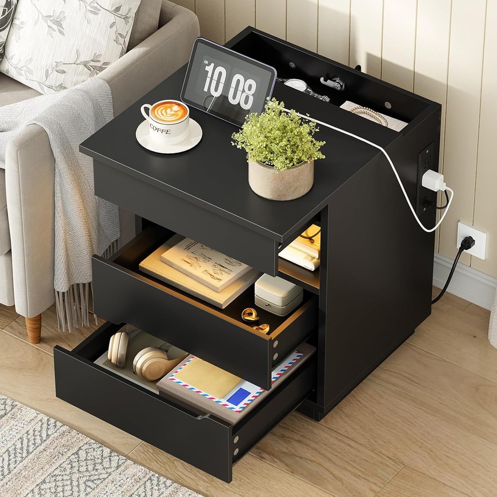 LED Nightstand with Charging Station Black
