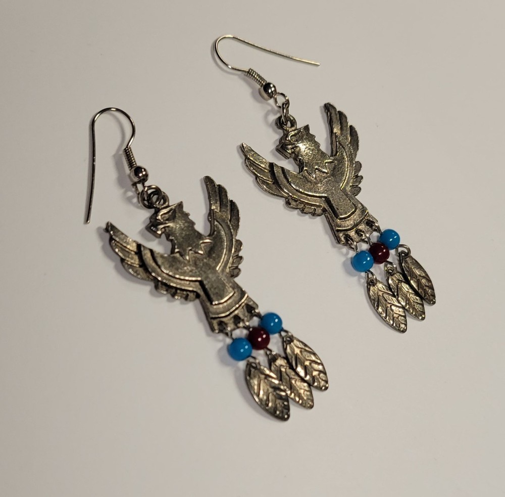 Native American Style Alpaca Silver Eagle And Dangling Feathers Pierced Earrings