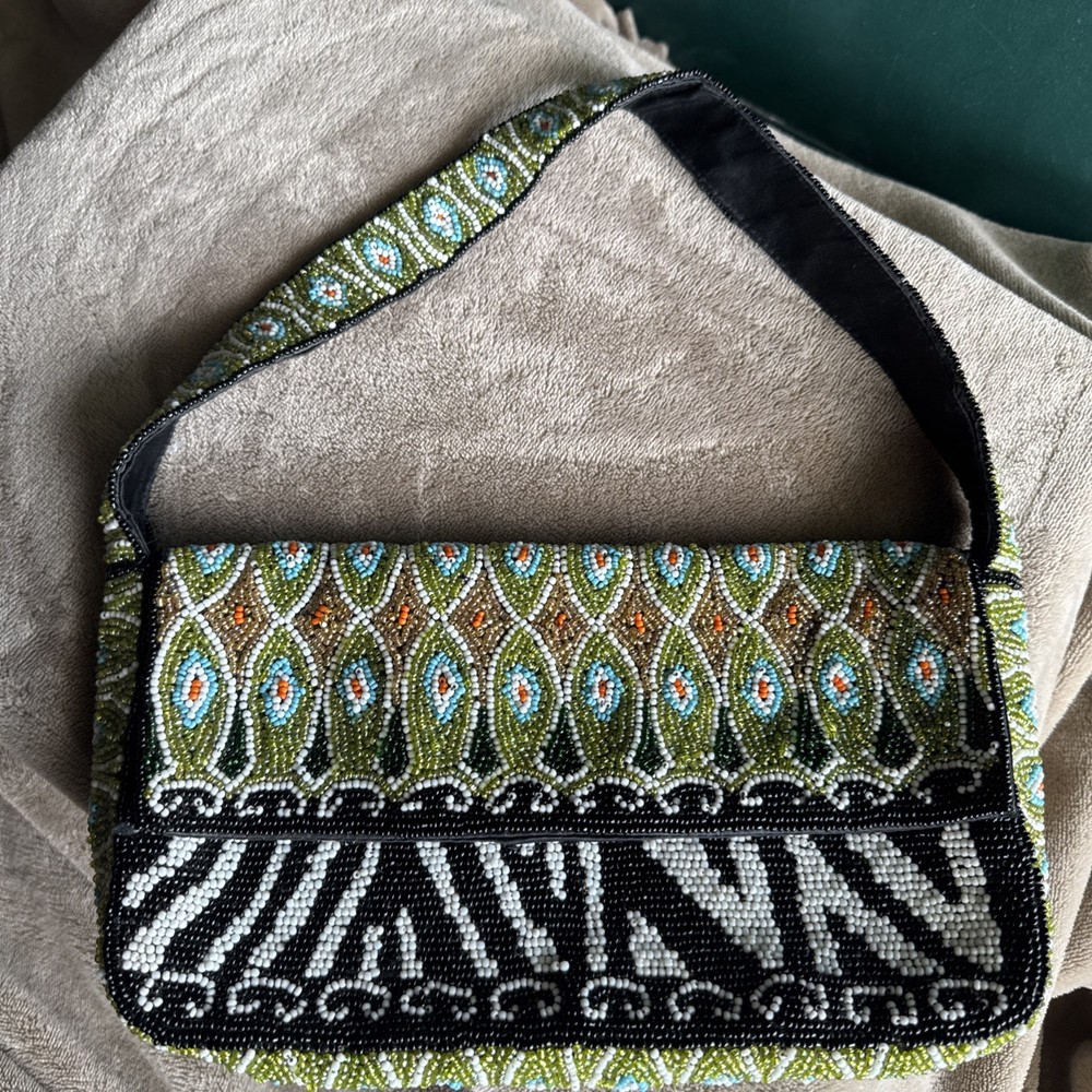 Cacle Small Seed Beaded Purse Hand Beaded Peacock Feather Look