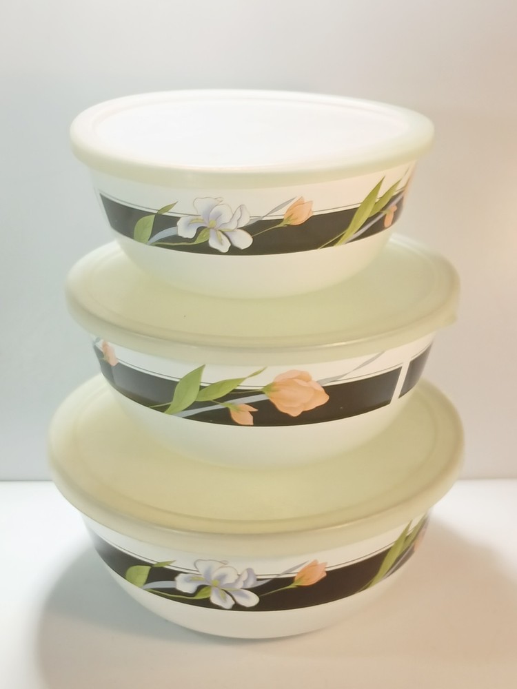 Vintage Enamelware Set Sanyo Cookware Set 3 Bowls + Lids Iris Pattern