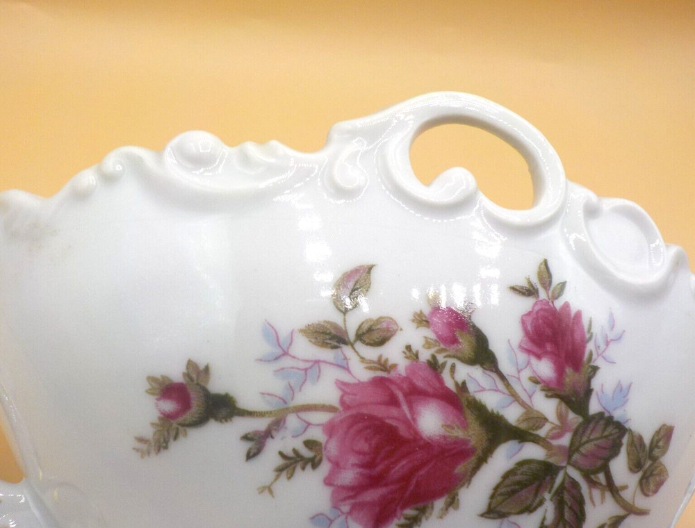 Vintage Porcelain Moss Rose pattern oval planter with raised embossed design