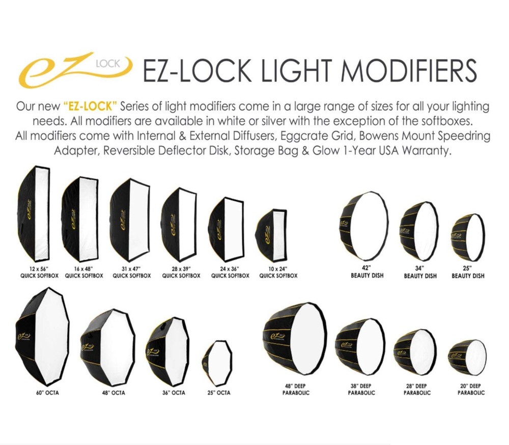 Glow EZ Lock 38" Deep Parabolic Quick Softbox, 16-Sided black, silver