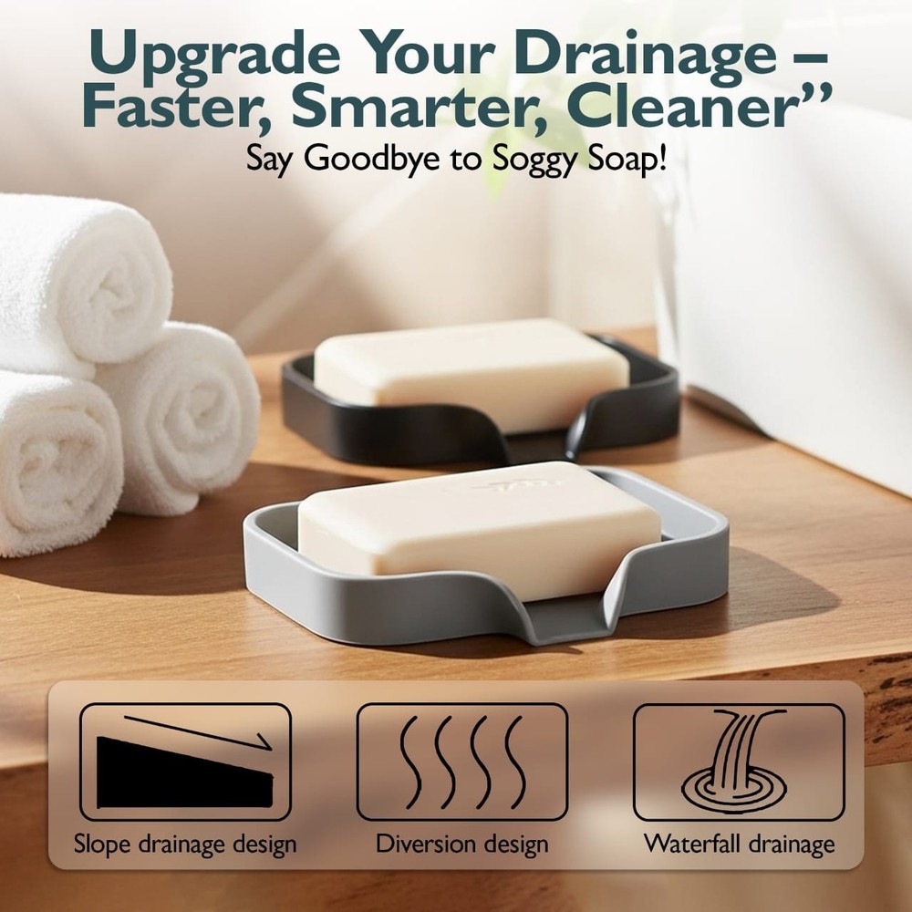 3 Pack Silicone Soap Dish with Drain Self Draining Holder Bathroom Kitchen Sink