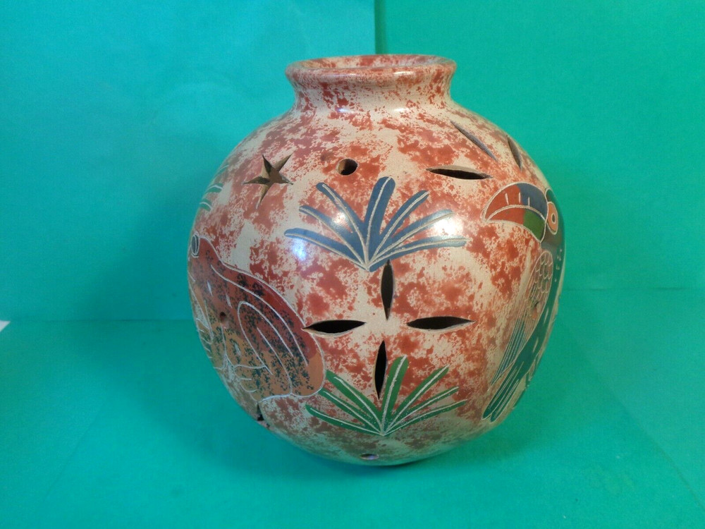 Pottery Tropical Pattern Tea Light/Candle Globe, Brazil (Used/EUC)
