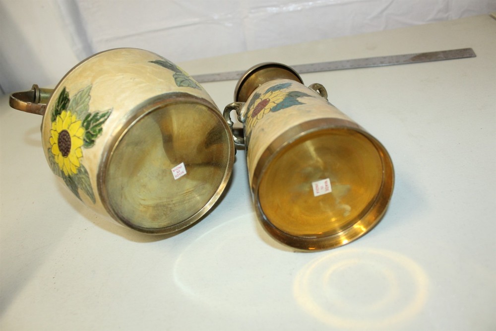 Vintage Solid Brass Teapot & Water Cruet Set With Lids Hand Painted Enamel