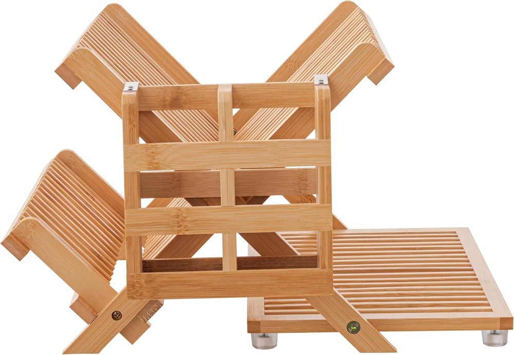 Dish Rack Bamboo Folding 2-Tier Collapsible Drainer Dish Drying Rack W/ Utensils