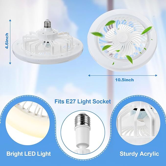 E27 Socket Light With Remote, Ceiling Fan Adjustable Smart LED Fan 3 Windshields